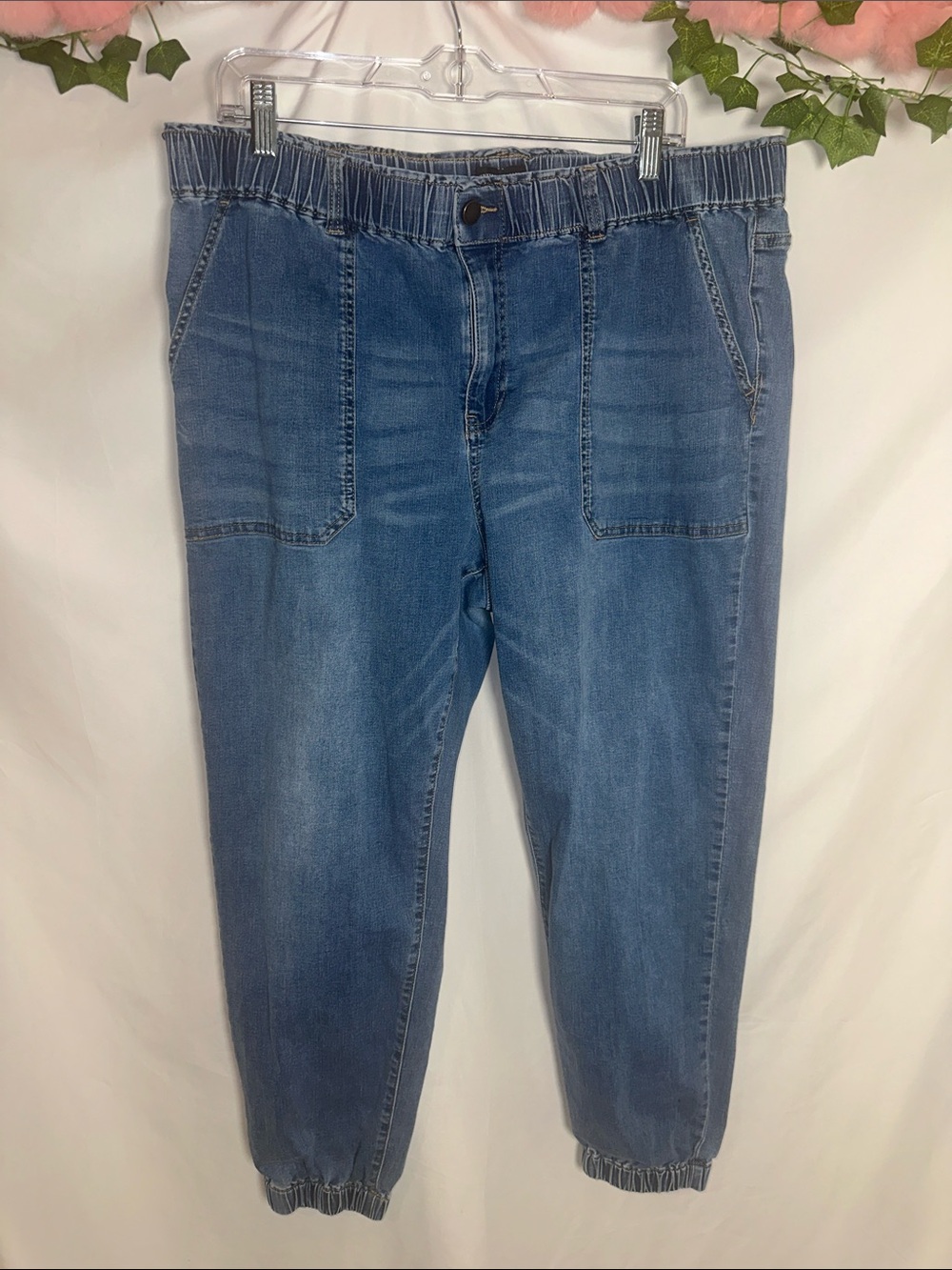 Elastic Waist Denim Joggers - Medium Blue